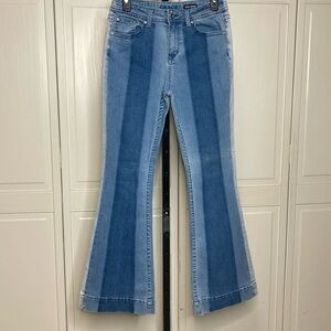 Grace in LA Women’s High Waist Retro 70’s Flared Three Tone Blue Jeans Size 28